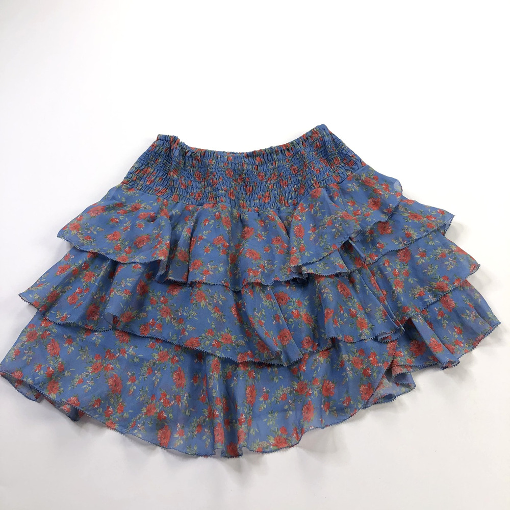 Intermix P Blue Silk Sheer Chiffon Smocked Floral Tiered Ruffle Skirt SML HRJ